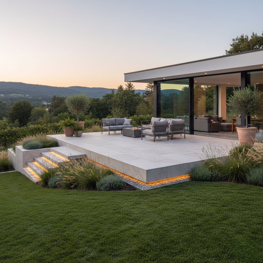 Raised Patio Platform Raised patio platform built into sloped garden terrain, reinforced structural base, hidden drainage system, porcelain or stone paving, and seamless indoor–outdoor floor alignment.