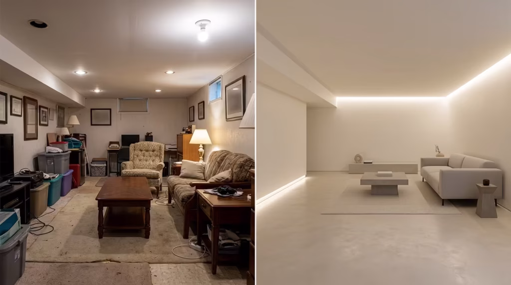 Split-view minimalist basement showing cluttered, fragmented layout on the left and transformed clean, spatially open minimalist design on the right with improved light and flow.