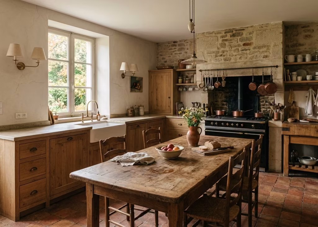 A lived-in French country kitchen with a central oak table, aged stone counters, timber cabinetry, and layered lighting, showing emotional longevity and natural patina.